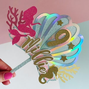 Sirène Cake Topper - Personnalisé - Feuille & Paillettes Sous la Mer Princesse Thème Célébration / Anniversaire
