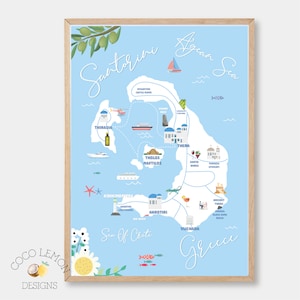 Illustrierte Santorini, Griechenland Reisekarte - mit verschiedenen Sehenswürdigkeiten - sofortiger digitaler Download