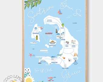 Illustrated Santorini, Greece Travel Map Print - Various Landmarks included - Instant Digital Download