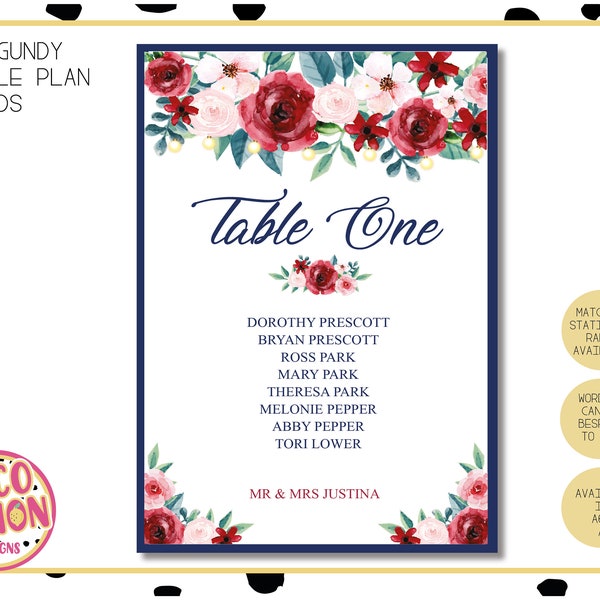 Burgundy and Navy Floral Wedding Individual Table Plan Cards - Personalised Seating Plan Signs in Burgundy, Navy and Pink