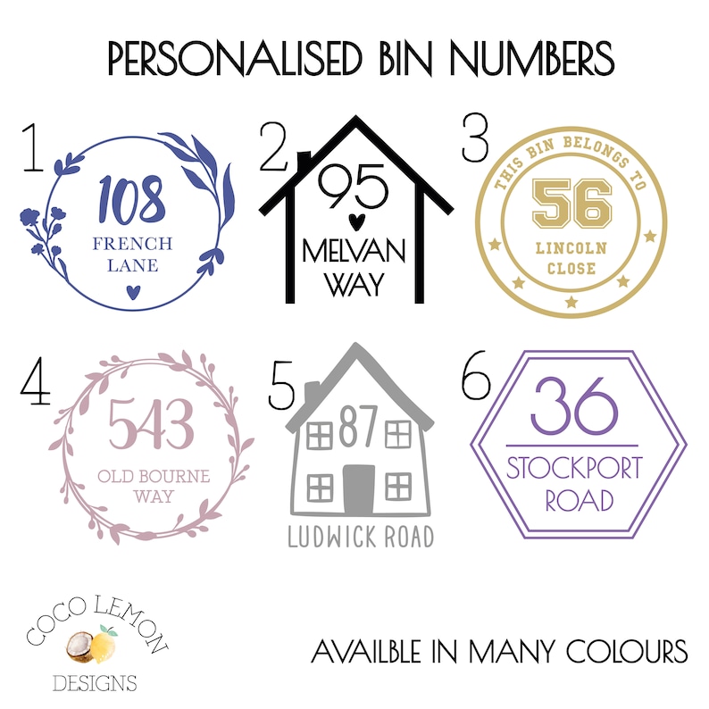 Waterproof Vinyl Wheelie Bin House Numbers & Address Stickers Multiple Colours and Designs Available image 3