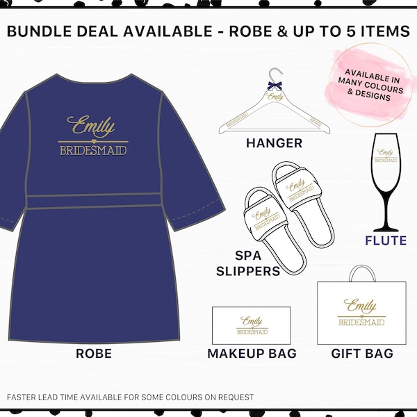 Personalised Bridal Party / Bridesmaid Robes Bundle - Add up to 5 items (Gift Bag, Hanger, Slippers, Champagne Flute, Makeup Bag)