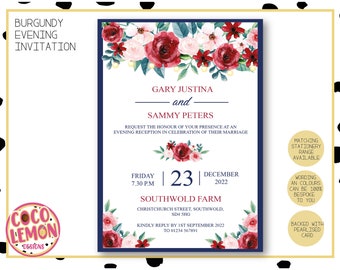 Burgundy and Navy Floral Wedding Evening Invitations - Personalised Evening Party Invites in Navy, Burgundy & Pink