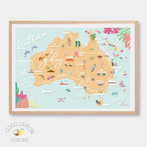 Australia Map Australian Art Print Illustrated Map Aussie Etsy