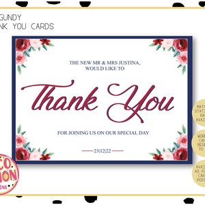 Cartes de remerciement de mariage florale bourgogne, marine et rose avec enveloppe - Remerciements de mariage personnalisés pour les invités, carte pliée ou style carte postale