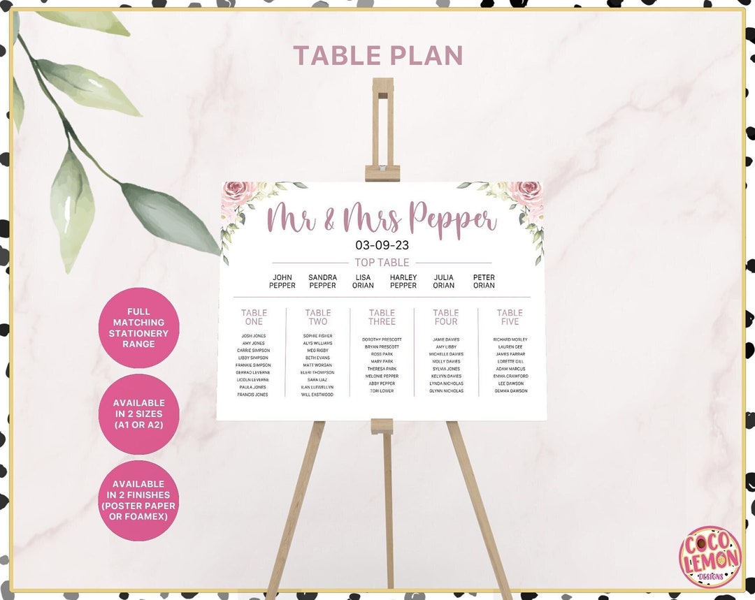 Personalised Table Plan Sign - Dusky Rose Pink Venue Table Plan for ...