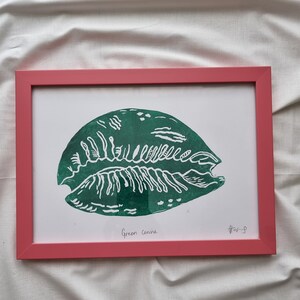 Green Cowrie, A4 wall art, handmade, handprinted lino print, nature themed