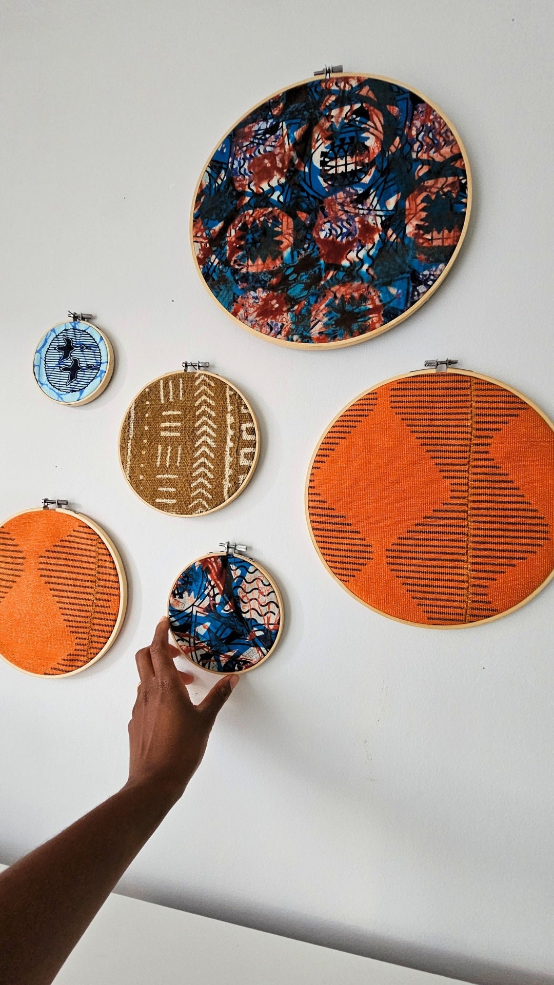 Vibrant African Fabric Wall Art embroidery Hoop, Set of 6, Wall Decor