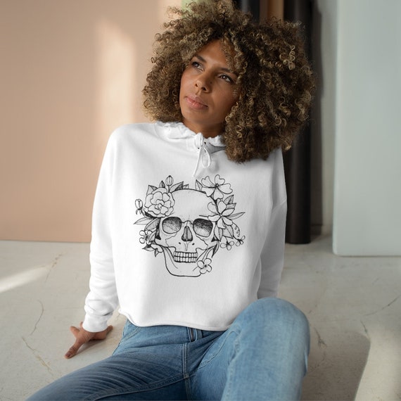 Skull in Flowers Cropped Hoodie White Beige Women Hoodie - Etsy