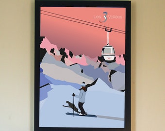 Three Valleys Skiing A3 Illustrated Print