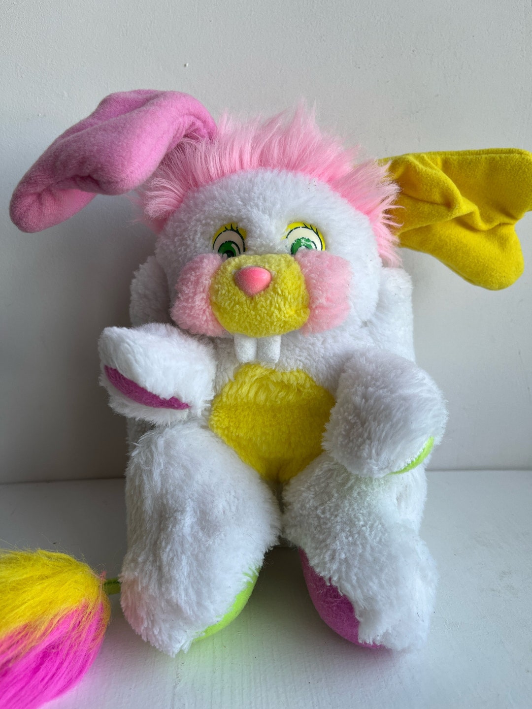 Stuffed Rabbit Popples MATTEL les Z'animaux vintage 1986 Popples animals white pink green 25 cm RARE