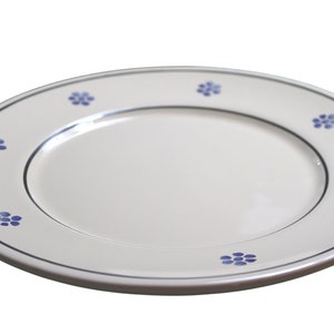 Pu&ograve; includere: Un piatto da portata in ceramica bianca con un bordo blu e un motivo di fiori blu intorno al bordo.