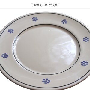 Pu&ograve; includere: Un piatto da portata in ceramica bianca con un bordo blu e un motivo di fiori blu intorno al bordo. Il piatto ha un diametro di 25 cm.