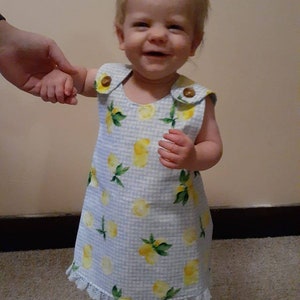 Baby apron dress and bloomers. Lemon dress with light weight denim bloomers