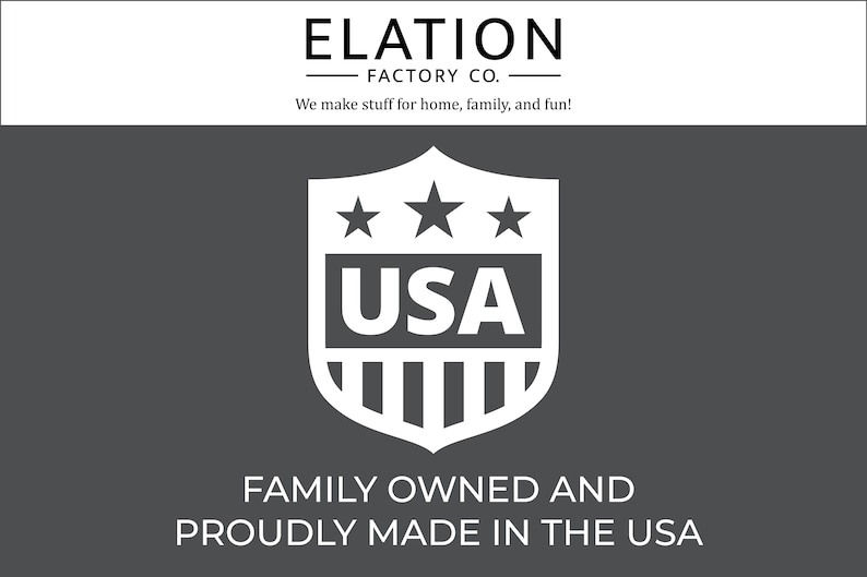 May include: White shield with three stars and the word "USA" inside. The shield is on a dark gray background with the text "FAMILY OWNED AND PROUDLY MADE IN THE USA" below it.