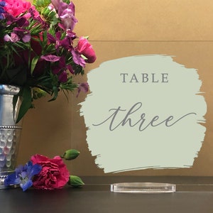 Custom Paint Brush Style Background - Square Table numbers with stand, clear acrylic wedding table number