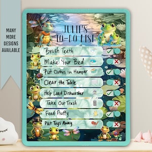 May include: A green and blue magnetic dry-erase board with a frog and dragonfly theme. The board has a checklist with the title "Julie's To-Do List" and includes tasks like "Brush Teeth", "Make Your Bed", and "Put Toys Away".