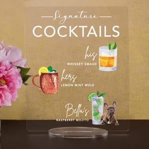 Custom Pet Signature Drinks Bar Menu: Frosted Acrylic Wedding Sign