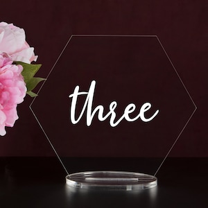 Hexagon Table numbers with stand, Clear, White, Frosted, Black Acrylic wedding table number, Wedding Table Décor, Plexiglass Table Number