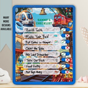 Personalized Kids Routine Chart: Trains Theme, Dry-Erase Checklist