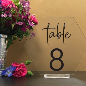 Custom Color - Hexagon Table numbers with stand, clear acrylic wedding table number, Wedding Table Décor, Plexiglass Table Number