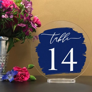 Custom Paint Brush Style Background - Round Table numbers with stand, clear acrylic wedding table number