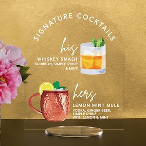 Signature Cocktails! - Dome Clear, Frosted, Black or White Acrylic Bar Menu Sign, Signature Cocktail Bar Sign wedding, corporate and events.