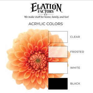 May include: A close-up of a peach-colored dahlia flower. Below the flower are four color swatches labeled "Clear", "Frosted", "White", and "Black". The text "Acrylic Colors" is above the swatches.