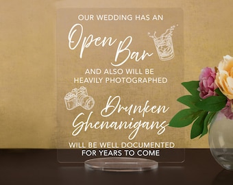 Open Bar Acrylic Wedding Sign: Drunken Shenanigans, Event Decor
