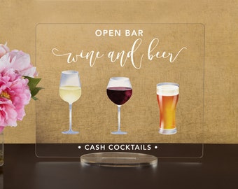 Acrylic Open Bar Sign: Wine, Beer, Cocktails - Wedding Bar Menu
