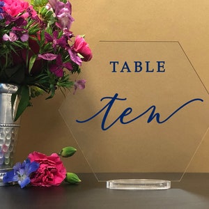 Custom Color - Hexagon Table numbers with stand, clear acrylic wedding table number, Wedding Table Décor, Plexiglass Table Number