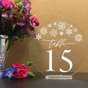 Snowflake Round Table numbers with stand, clear acrylic wedding table number