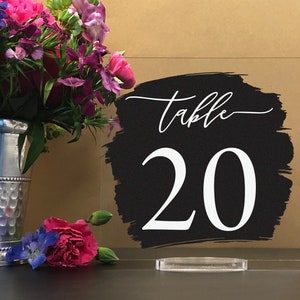 Custom Paint Brush Style Background - Square Table numbers with stand, clear acrylic wedding table number