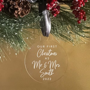 Custom Mr. and Mrs. First Christmas Christmas Ornament, Clear Acrylic Wedding Christmas Ornament, Wedding Gift,  Modern Holiday Decor