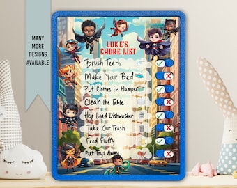 May include: A blue dry-erase chore chart with a superhero theme. The chart has a list of chores with checkboxes next to each one. The chart is personalized with the name "LUKE'S CHORE LIST".