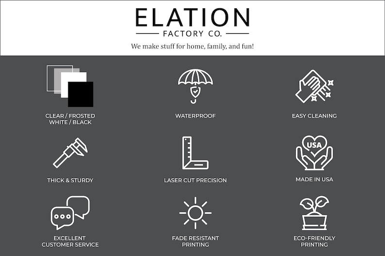 May include: A graphic with nine icons representing features of a product. The icons are: clear/frosted white/black, waterproof, easy cleaning, thick & sturdy, laser cut precision, made in USA, excellent customer service, fade resistant printing, and eco-friendly printing.