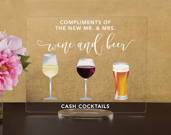 Wedding Open Bar Sign: Wine, Beer, Cocktails Acrylic Bar Menu