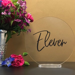 Custom Color - Round Table numbers with stand, clear acrylic wedding table number, Wedding Table Décor, Plexiglass Table Number