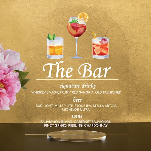 Custom Acrylic Bar Menu Sign: Signature Drinks for Wedding & Events