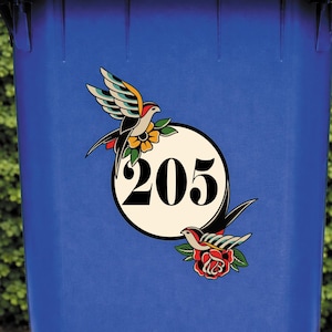 Traditional Tattoo Swallow Bin Sticker | Personalised House Number Wheelie Bin Decal | Old School Bird & Rose Waterproof Vinyl Sticker