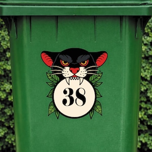 Traditional Tattoo Panther Bin Sticker | Personalised House Number Wheelie Bin Decal | Vintage Panther Head Outdoor Waterproof Bin Label