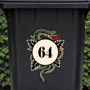 Traditional Tattoo Snake Bin Sticker | Personalised House Number Wheelie Bin Decal | Waterproof Tattoo Snake Bin Label | Alt Home Decor