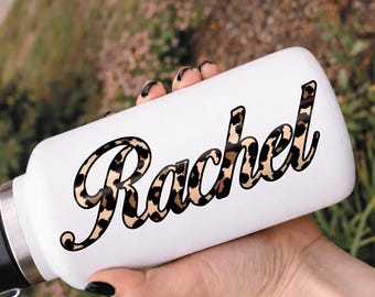 Personalised Leopard Print Name Sticker | Custom Vinyl Script Name Decal | Waterproof Label for Bottle or Glass