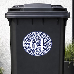 Personalised Azulejo Tile Pattern Bin Sticker | Trendy Wheelie Bin Number Decal | Custom House Number Vinyl | Outdoor Waterproof Bin Label