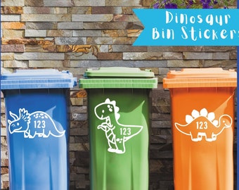 Custom House Number Wheelie Bin Stickers: Cartoon Dinosaur Bin Stickers, Personalised Dinosaur Decal For Bin, Home Improvement, Number Label