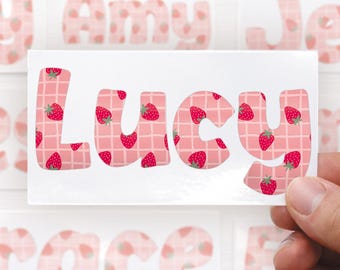 Personalised Strawberry Name Sticker | Custom Waterproof Coquette Vinyl Decal | Name Label for Bottle - Lunchbox - or Glass