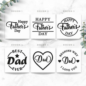 Puede incluir: Seis dise&ntilde;os diferentes para tarjetas del D&iacute;a del Padre. Los dise&ntilde;os presentan el texto "Feliz D&iacute;a del Padre", "Mejor pap&aacute; del mundo", "Pap&aacute;" y "Razones por las que te amo pap&aacute;".
