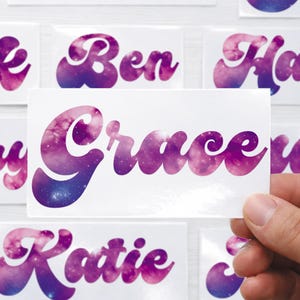 personalised name sticker custom name decal galaxy sticker aesthetic vinyl decal glossy waterproof laptop sticker bottle sticker custom gift teen girl gamer tag shiny vinyl personalised laptop decal pink purple space theme