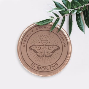 May include: A bronze-colored round medallion with the words "SERENITY - COURAGE - WISDOM" around the edge. The center features a moth design with radiating lines and the text "10 MONTHS". A sprig of green leaves is in the upper right corner.