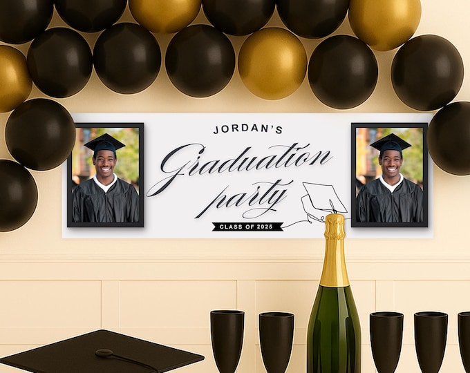 Personalised Graduation Banner – Photo Frame Design | Name, Year & Photos | Graduation Party Decor | Class Of | University Graduate Banner